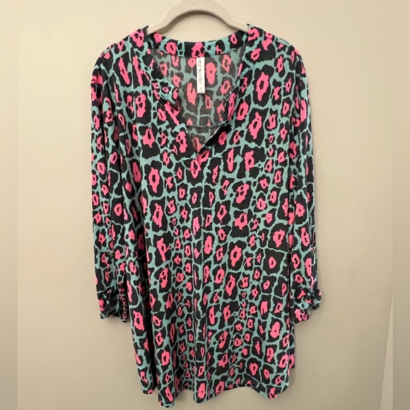 Dear Scarlett Tops - Dear Scarlet Vibrant Pink and Turquoise Leopard Print Blouse Sz 1X